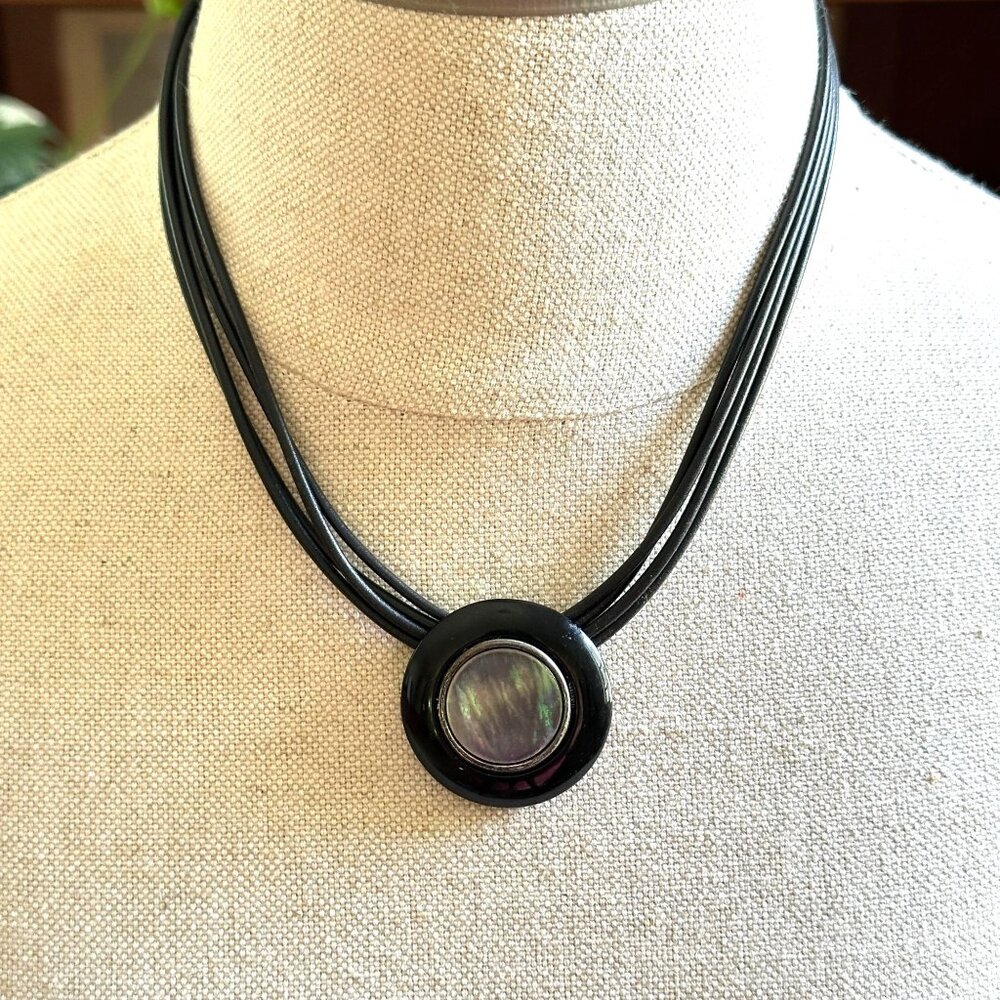 Iridescent Cabochon Necklace, Black Leather Cord